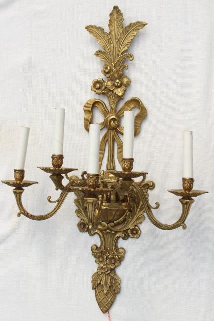 photo of huge solid brass candle sconce electric wall light, vintage hollywood regency french rococo #1