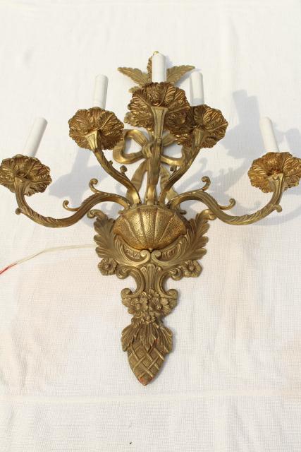 photo of huge solid brass candle sconce electric wall light, vintage hollywood regency french rococo #2