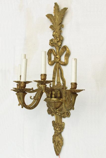 photo of huge solid brass candle sconce electric wall light, vintage hollywood regency french rococo #7