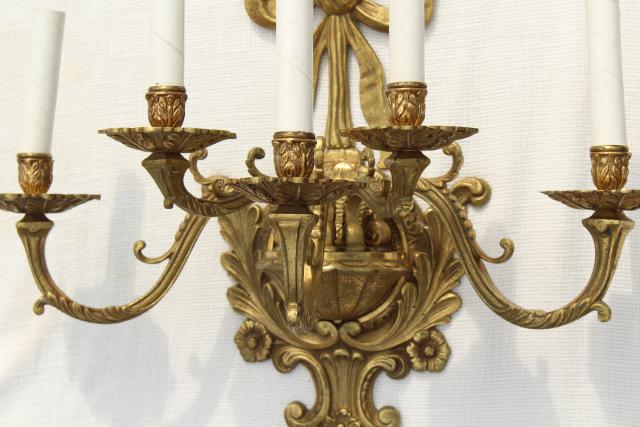 photo of huge solid brass candle sconce electric wall light, vintage hollywood regency french rococo #11