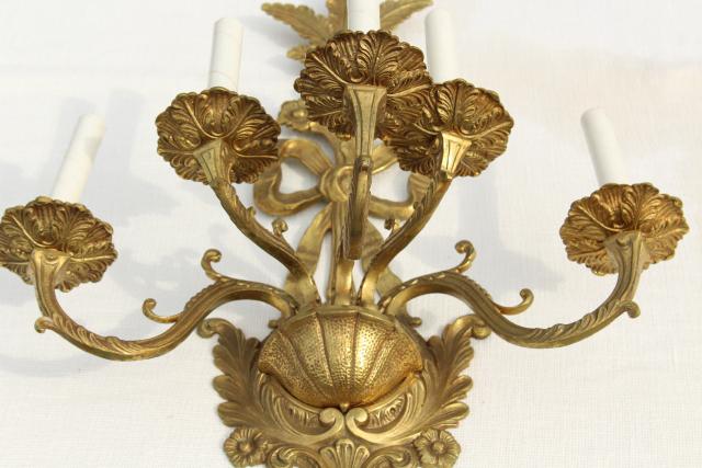 photo of huge solid brass candle sconce electric wall light, vintage hollywood regency french rococo #12