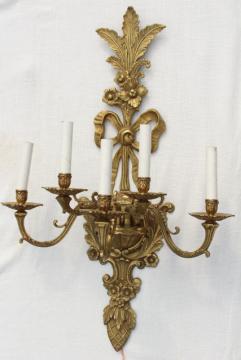 catalog photo of huge solid brass candle sconce electric wall light, vintage hollywood regency french rococo