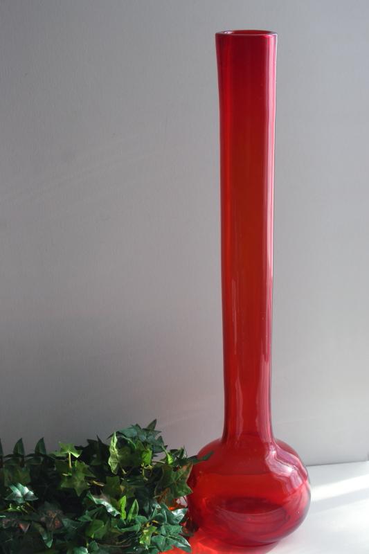 photo of huge tall mod vase in flame orange, 70s vintage hand blown art glass beaker bottle shape #2