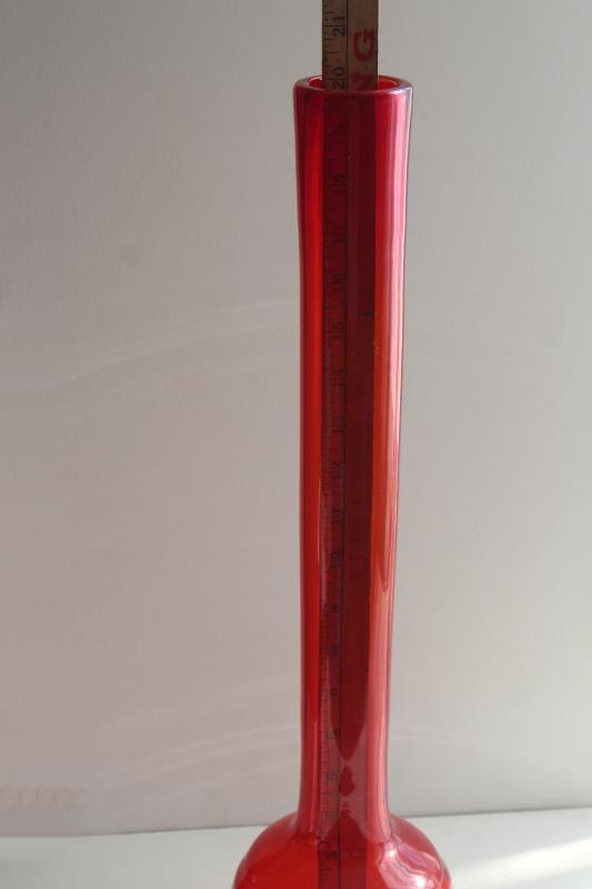 photo of huge tall mod vase in flame orange, 70s vintage hand blown art glass beaker bottle shape #7