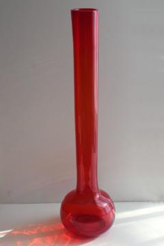 catalog photo of huge tall mod vase in flame orange, 70s vintage hand blown art glass beaker bottle shape