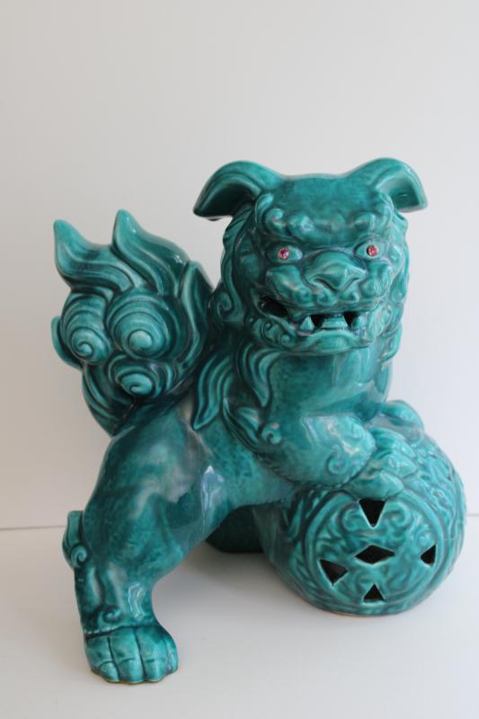 photo of huge turquoise ceramic foo dog mid-century vintage California pottery lion fu holding world #1