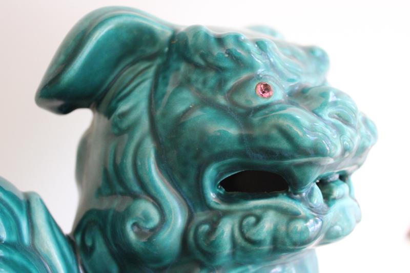 photo of huge turquoise ceramic foo dog mid-century vintage California pottery lion fu holding world #3