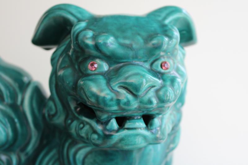 photo of huge turquoise ceramic foo dog mid-century vintage California pottery lion fu holding world #4