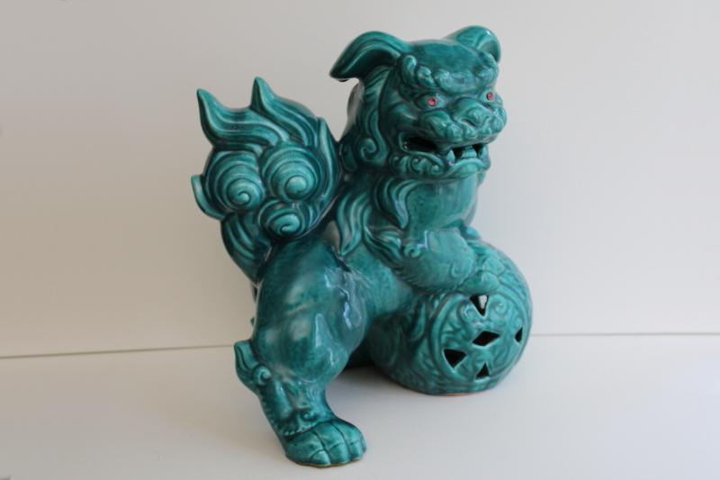 photo of huge turquoise ceramic foo dog mid-century vintage California pottery lion fu holding world #5