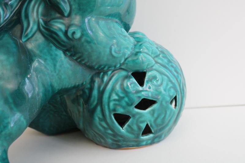 photo of huge turquoise ceramic foo dog mid-century vintage California pottery lion fu holding world #6