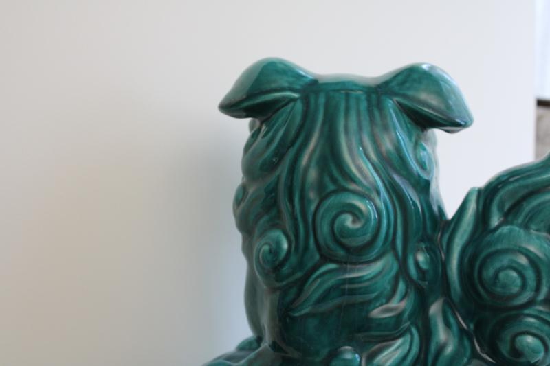 photo of huge turquoise ceramic foo dog mid-century vintage California pottery lion fu holding world #8