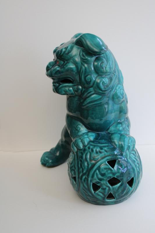 photo of huge turquoise ceramic foo dog mid-century vintage California pottery lion fu holding world #10