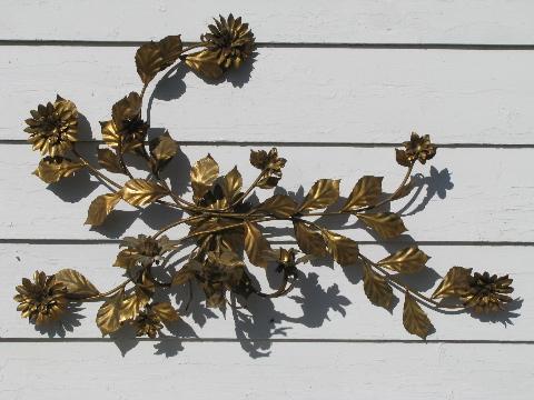 photo of huge vintage Italian tole candelabra, antique gold flowers, wrought metal wall sconce #1