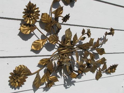 photo of huge vintage Italian tole candelabra, antique gold flowers, wrought metal wall sconce #4