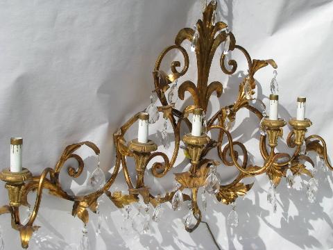 photo of huge vintage Italian tole / glass prisms wall sconce lamp, candelabra candles electric light #2