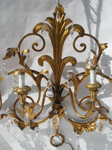 photo of huge vintage Italian tole / glass prisms wall sconce lamp, candelabra candles electric light #3