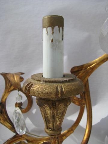 photo of huge vintage Italian tole / glass prisms wall sconce lamp, candelabra candles electric light #8