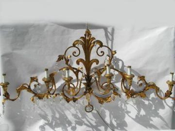 catalog photo of huge vintage Italian tole / glass prisms wall sconce lamp, candelabra candles electric light