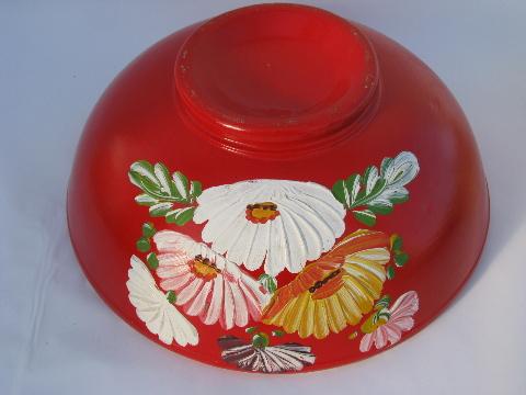 photo of huge vintage Ransburg stoneware pottery crock bowl, hand-painted flowers on orange #3