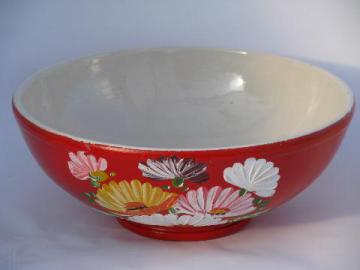 catalog photo of huge vintage Ransburg stoneware pottery crock bowl, hand-painted flowers on orange