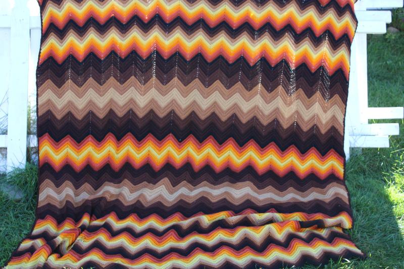 photo of huge vintage afghan, bedspread sized wool blanket ripple stripes in autumn colors #1