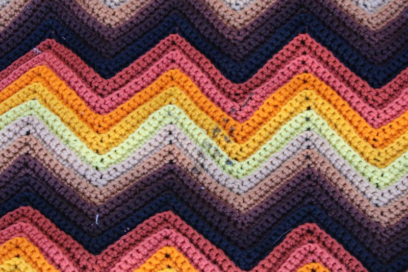 photo of huge vintage afghan, bedspread sized wool blanket ripple stripes in autumn colors #3