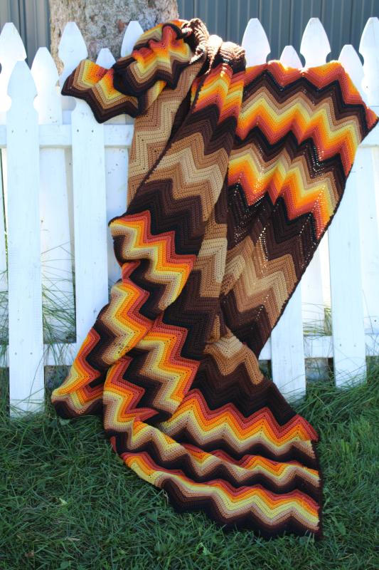 photo of huge vintage afghan, bedspread sized wool blanket ripple stripes in autumn colors #6