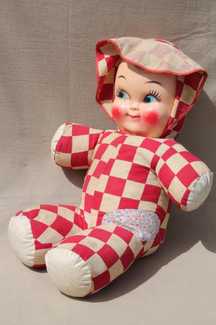 photo of huge vintage baby face doll w/ red & white checked cotton soft body, carnival prize toy #1