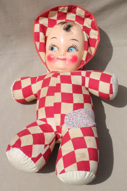 photo of huge vintage baby face doll w/ red & white checked cotton soft body, carnival prize toy #2