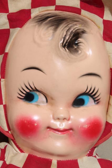 photo of huge vintage baby face doll w/ red & white checked cotton soft body, carnival prize toy #6