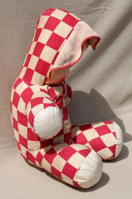 photo of huge vintage baby face doll w/ red & white checked cotton soft body, carnival prize toy #7