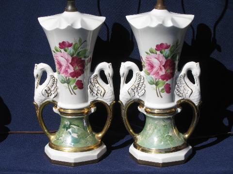 photo of huge vintage china lamps, Victorian style pink roses, swans, green marble #1