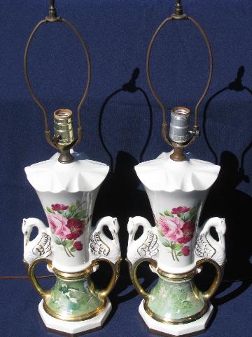 photo of huge vintage china lamps, Victorian style pink roses, swans, green marble #2