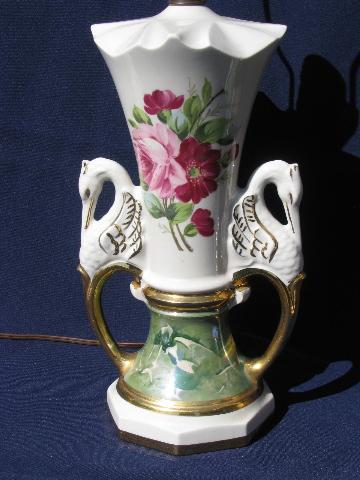 photo of huge vintage china lamps, Victorian style pink roses, swans, green marble #3