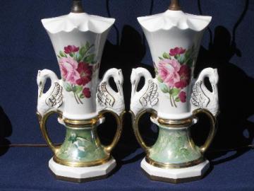 catalog photo of huge vintage china lamps, Victorian style pink roses, swans, green marble