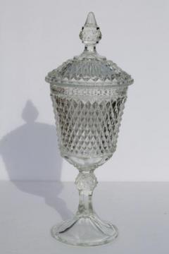 catalog photo of huge vintage glass apothecary jar candy dish w/ lid, Indiana glass diamond point