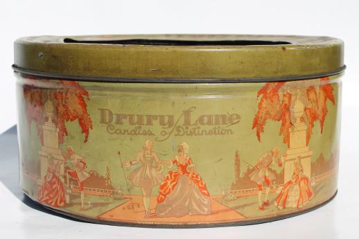 photo of huge vintage sweets tin, Drury Lane candy advertising box, theater candies display bin #1