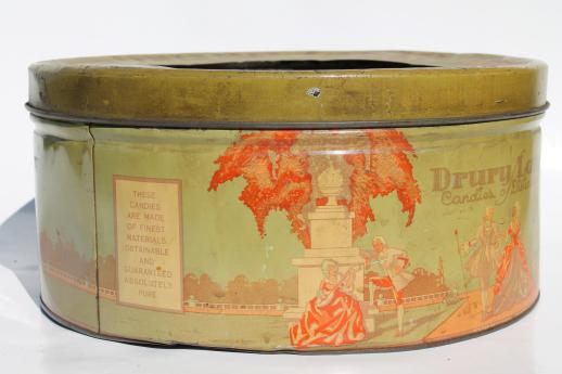 photo of huge vintage sweets tin, Drury Lane candy advertising box, theater candies display bin #2