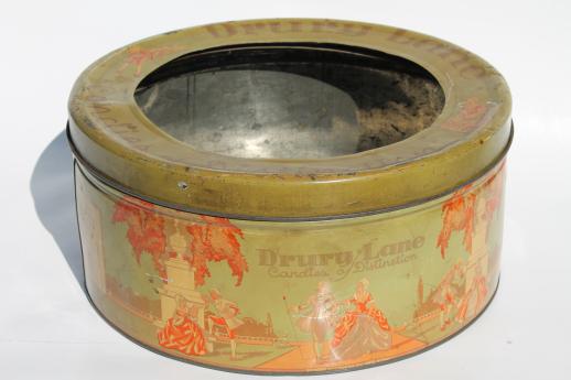 photo of huge vintage sweets tin, Drury Lane candy advertising box, theater candies display bin #3