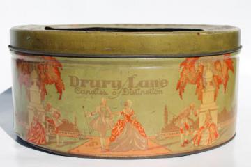 catalog photo of huge vintage sweets tin, Drury Lane candy advertising box, theater candies display bin