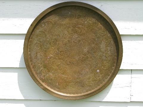 photo of huge vintage tooled brass tray or table top, solid brass with floral design #1