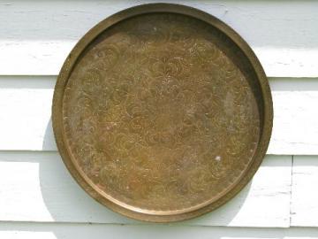 catalog photo of huge vintage tooled brass tray or table top, solid brass with floral design