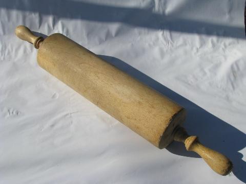 photo of huge vintage wood rolling pin, lot of two wooden pins, antique kitchenware #3