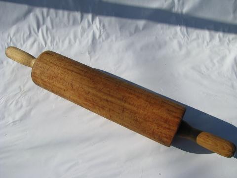 photo of huge vintage wood rolling pin, lot of two wooden pins, antique kitchenware #4