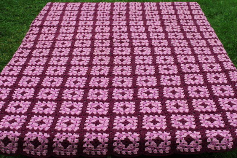 photo of huge vintage wool crochet granny square blanket, Victorian colors plum purple, lilac, rose pink  #1