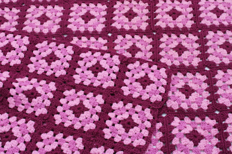 photo of huge vintage wool crochet granny square blanket, Victorian colors plum purple, lilac, rose pink  #2
