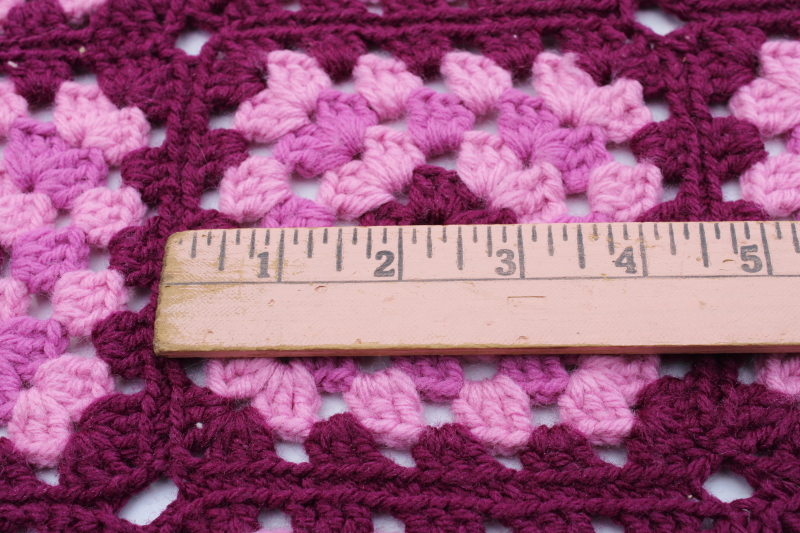 photo of huge vintage wool crochet granny square blanket, Victorian colors plum purple, lilac, rose pink  #4