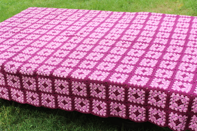 photo of huge vintage wool crochet granny square blanket, Victorian colors plum purple, lilac, rose pink  #5