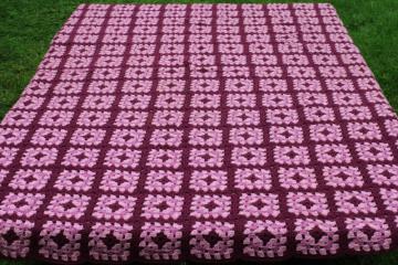 catalog photo of huge vintage wool crochet granny square blanket, Victorian colors plum purple, lilac, rose pink 