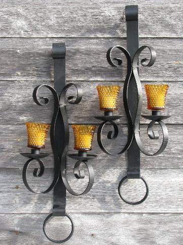 photo of huge vintage wrought iron candle sconces, wall candelabra pair, antique black #1